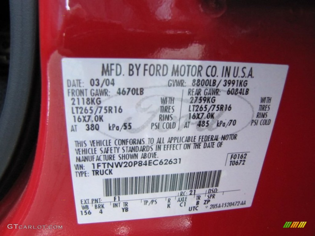 2004 F250 Super Duty Color Code F1 for Red Photo #53922649