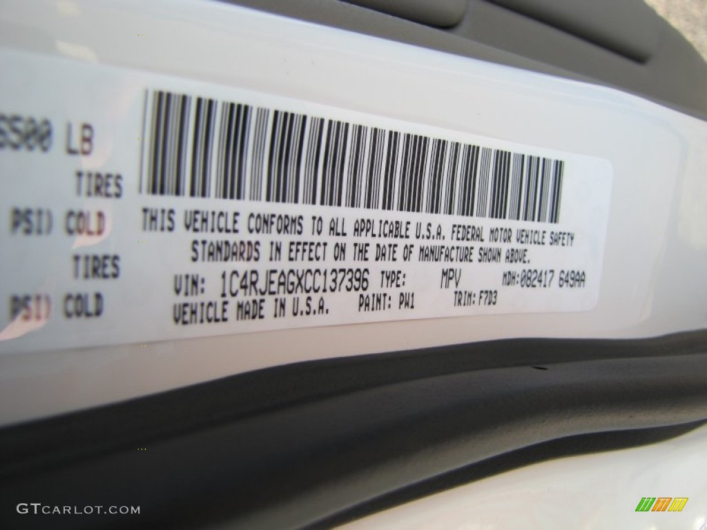 2012 Grand Cherokee Color Code PW1 for Stone White Photo #53924692