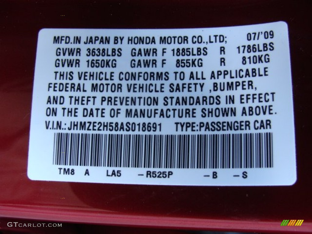 2010 Insight Color Code R525P for Tango Red Pearl Photo #53933169