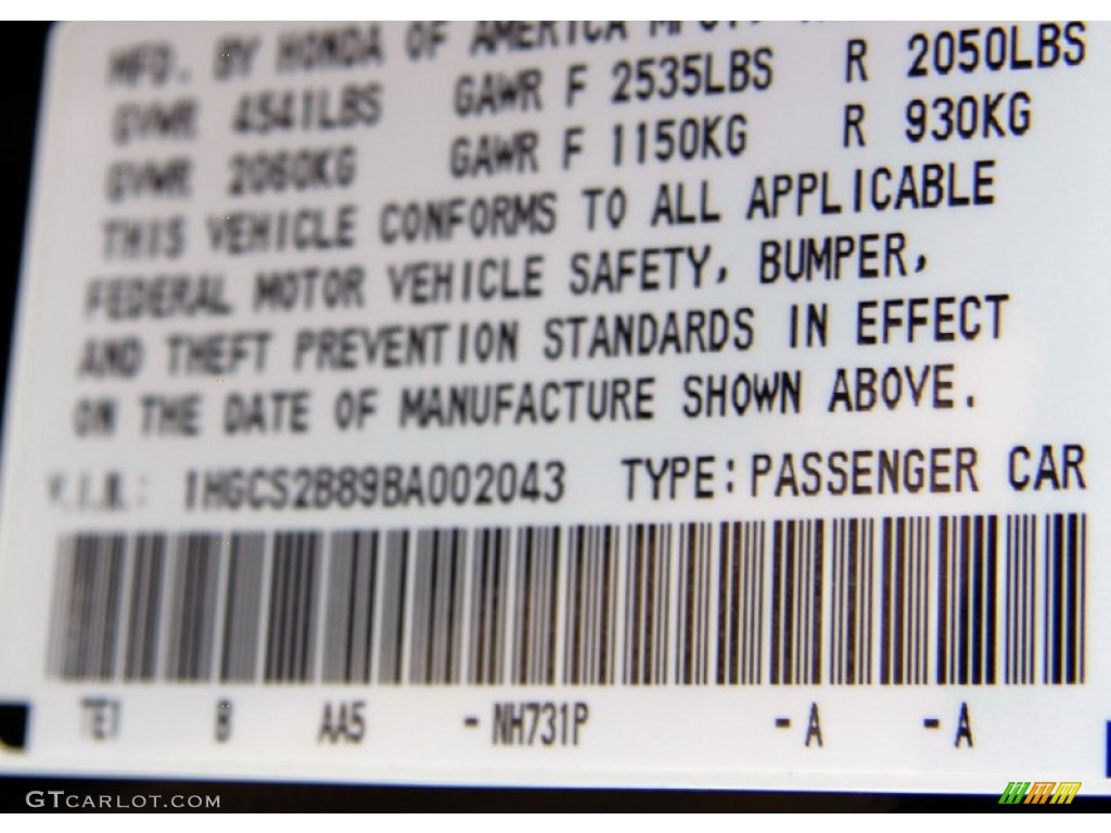 2011 Accord Color Code NH731P for Crystal Black Pearl Photo #53942753