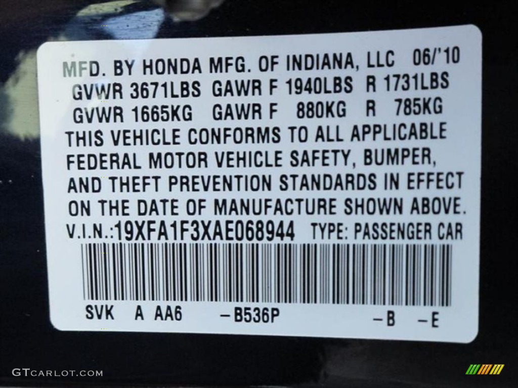 2010 Civic Color Code B536P for Royal Blue Pearl Photo #53965163