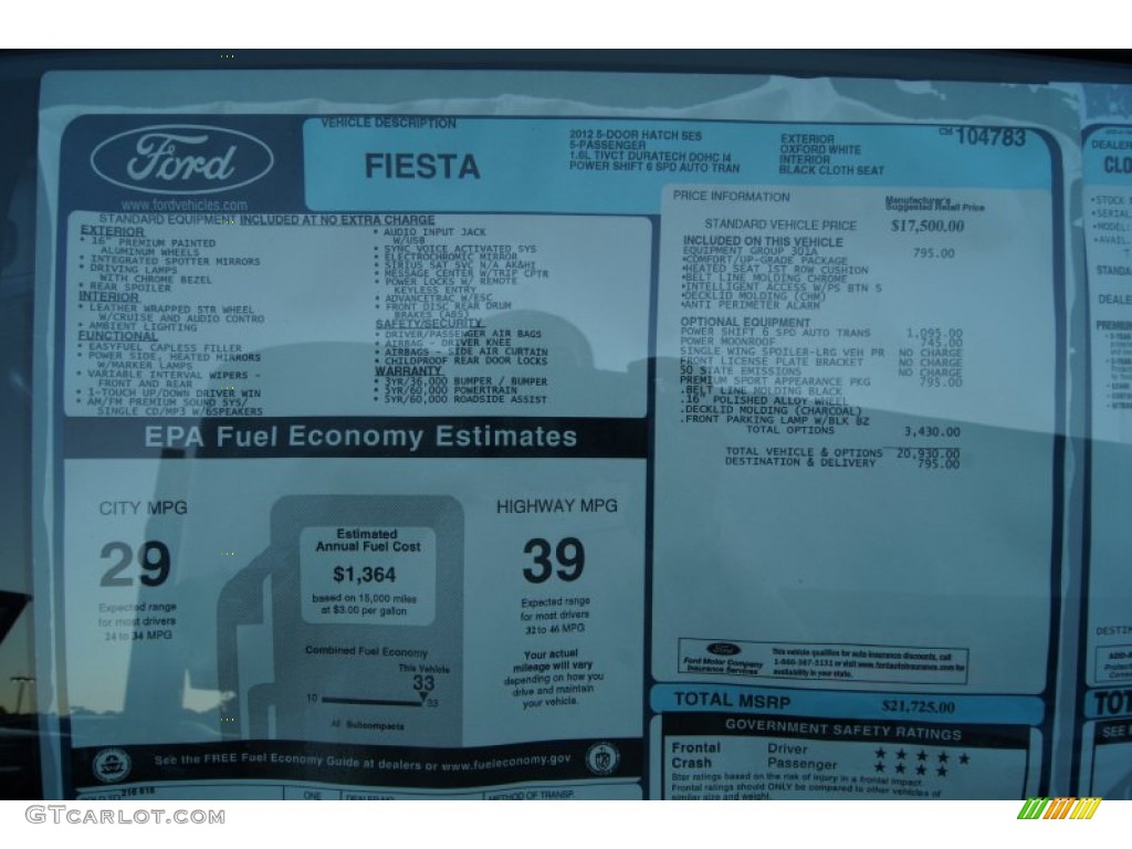 2012 Ford Fiesta SES Hatchback Window Sticker Photo #53966594