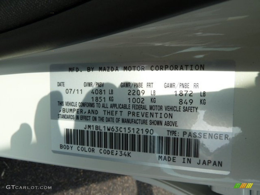 2012 MAZDA3 Color Code 34K for Crystal White Pearl Mica Photo #53970354