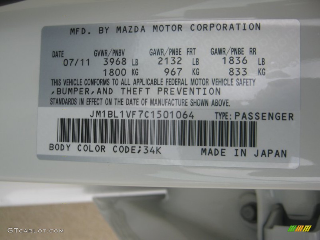 2012 MAZDA3 Color Code 34K for Crystal White Pearl Mica Photo #53997033