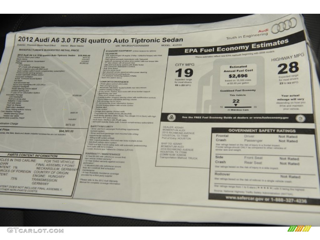 2012 Audi A6 3.0T quattro Sedan Window Sticker Photo #53998167
