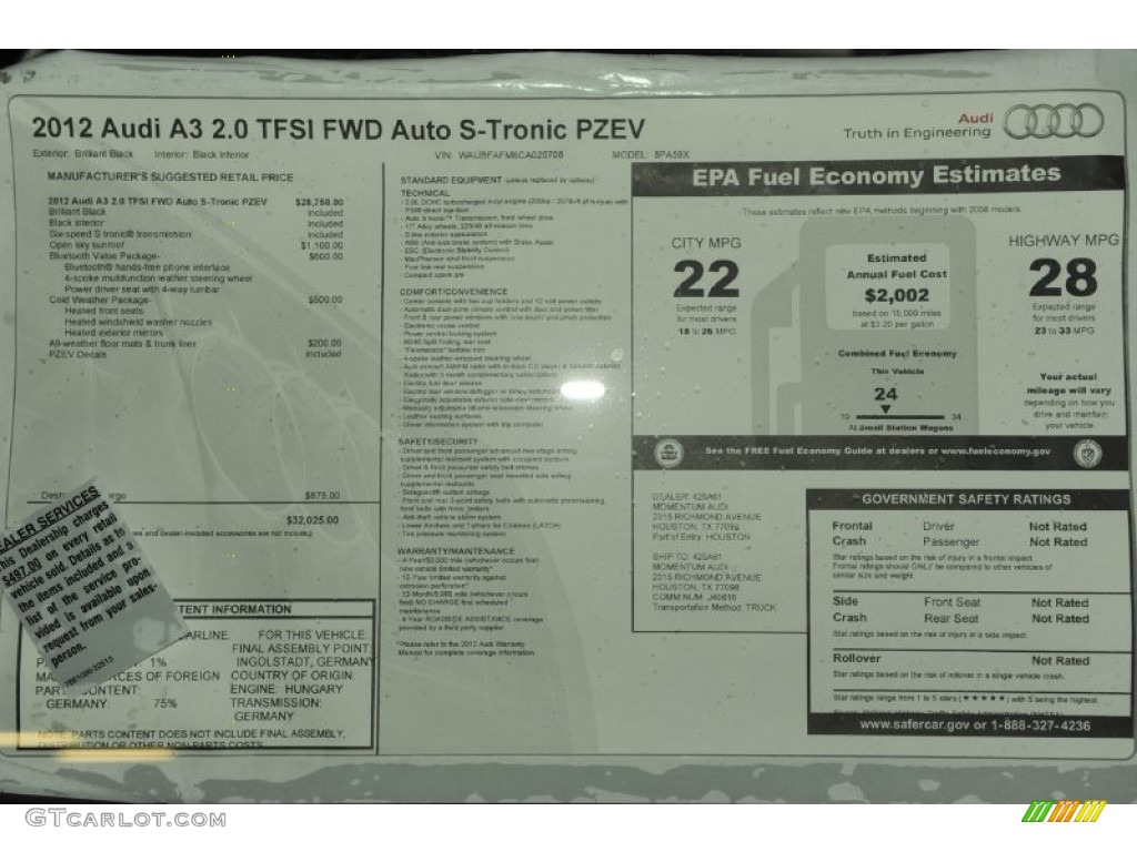 2012 Audi A3 2.0T Window Sticker Photo #53998487