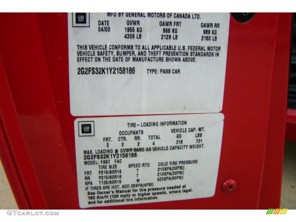 2000 Pontiac Firebird Convertible Info Tag Photos