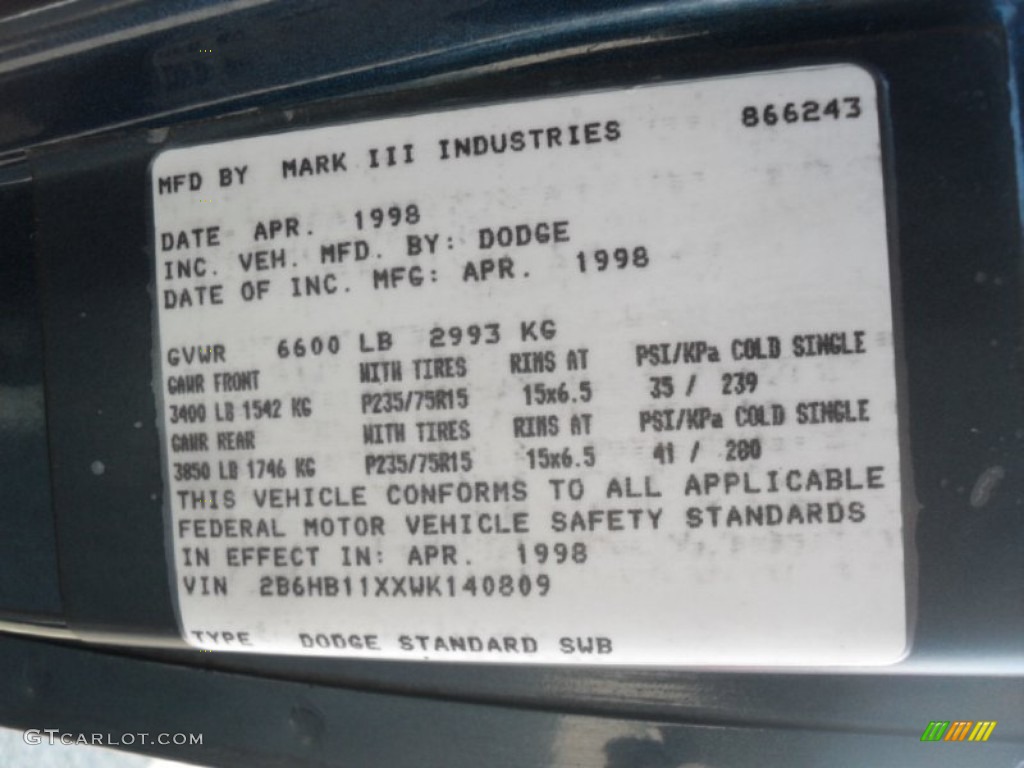 1998 Dodge Ram Van 1500 Passenger Conversion Info Tag Photos