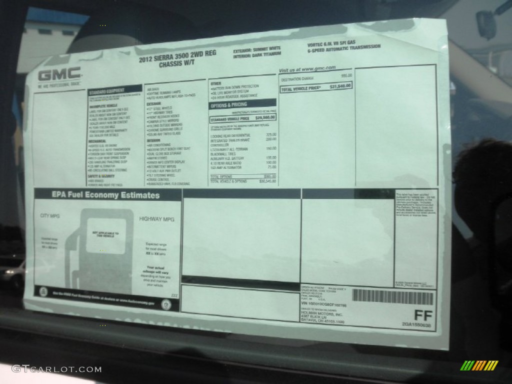 2012 GMC Sierra 3500HD Regular Cab Dually Chassis Window Sticker Photo #54043250