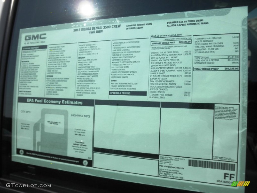 2012 GMC Sierra 3500HD Denali Crew Cab 4x4 Dually Window Sticker Photo #54044012