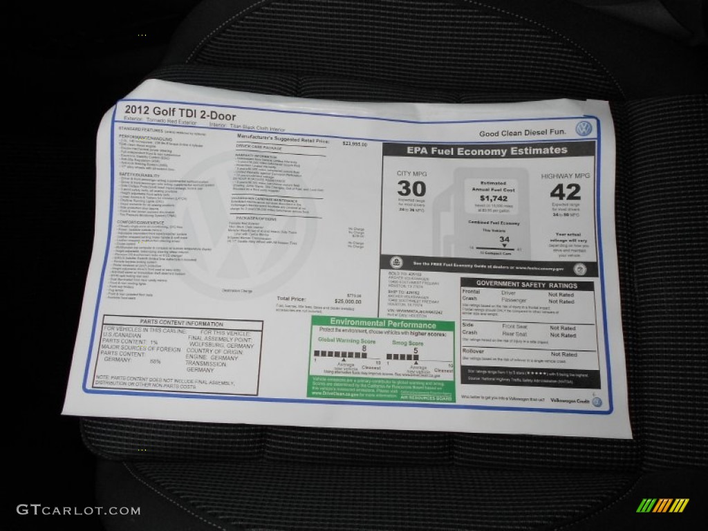 2012 Volkswagen Golf 2 Door TDI Window Sticker Photo #54050033
