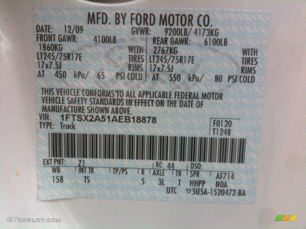 2010 F250 Super Duty Color Code Z1 for Oxford White Photo #54050660