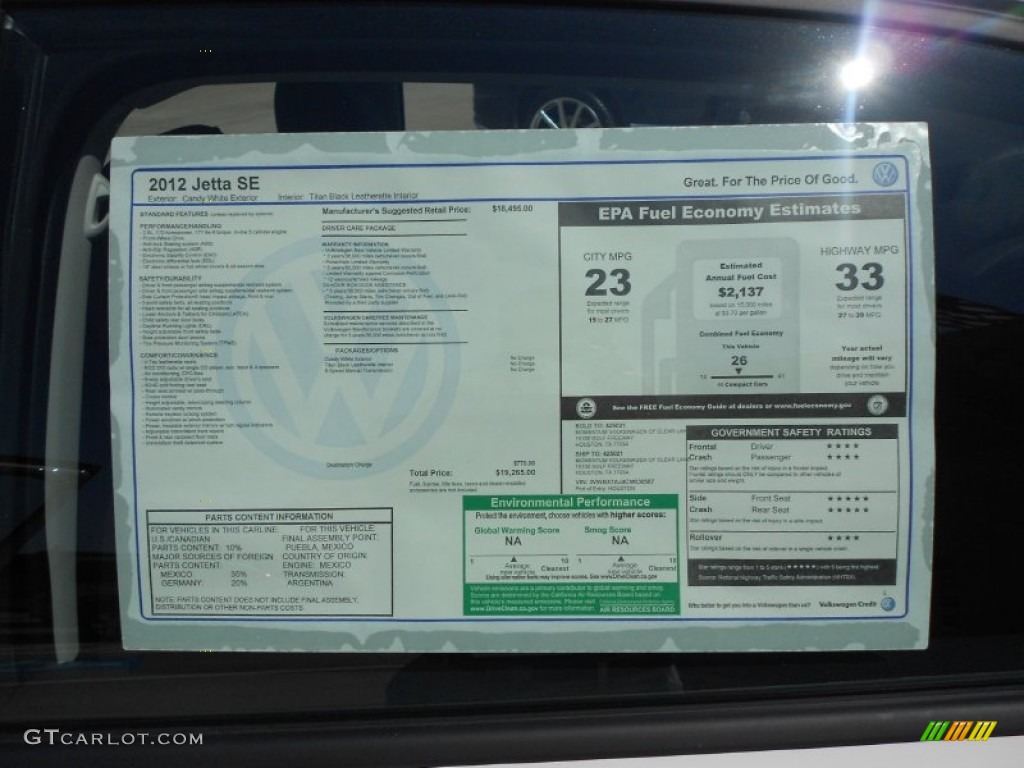2012 Volkswagen Jetta SE Sedan Window Sticker Photo #54052304