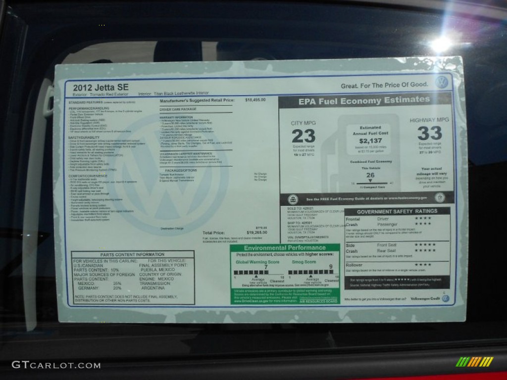 2012 Volkswagen Jetta SE Sedan Window Sticker Photo #54052706