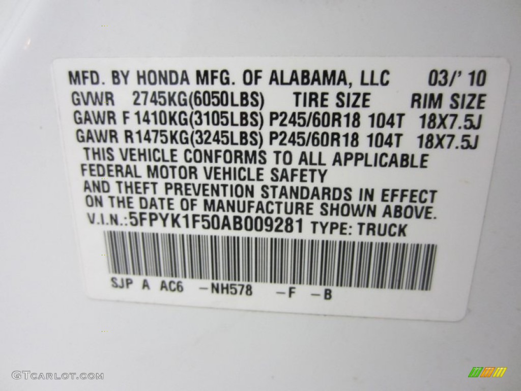 2010 Ridgeline Color Code NH578 for White Photo #54056398