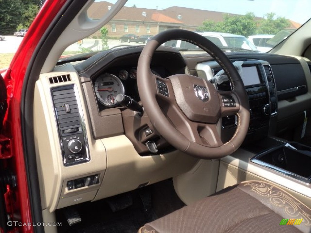 2012 Ram 3500 HD Laramie Longhorn Crew Cab 4x4 Dually - Flame Red / Light Pebble Beige/Bark Brown photo #7