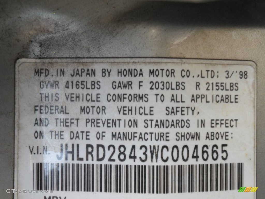 1998 CR-V LX - Sebring Silver Metallic / Charcoal photo #17