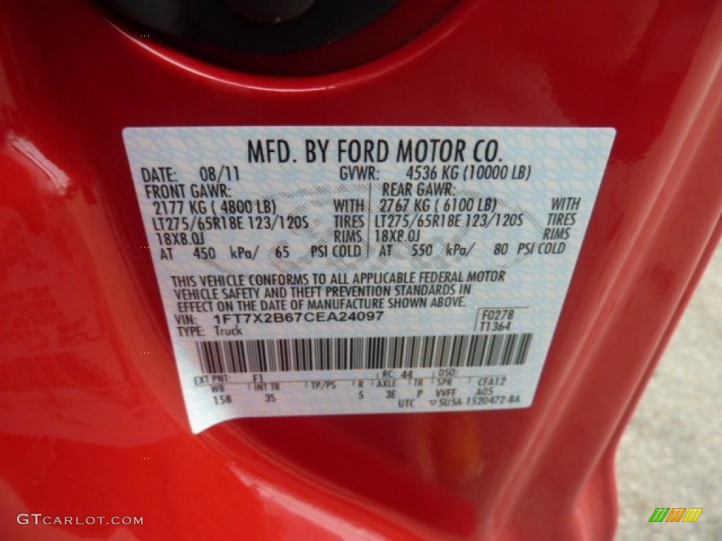 2012 F250 Super Duty Color Code F1 for Vermillion Red Photo #54081048