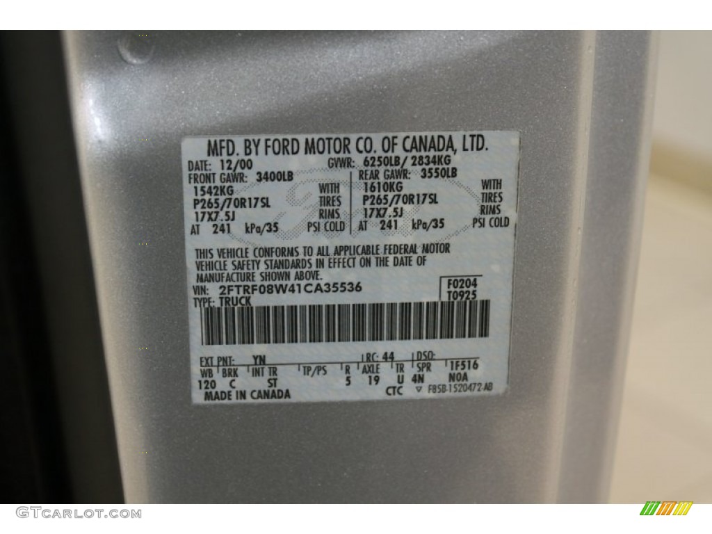 2001 F150 Color Code YN for Silver Metallic Photo #54093594