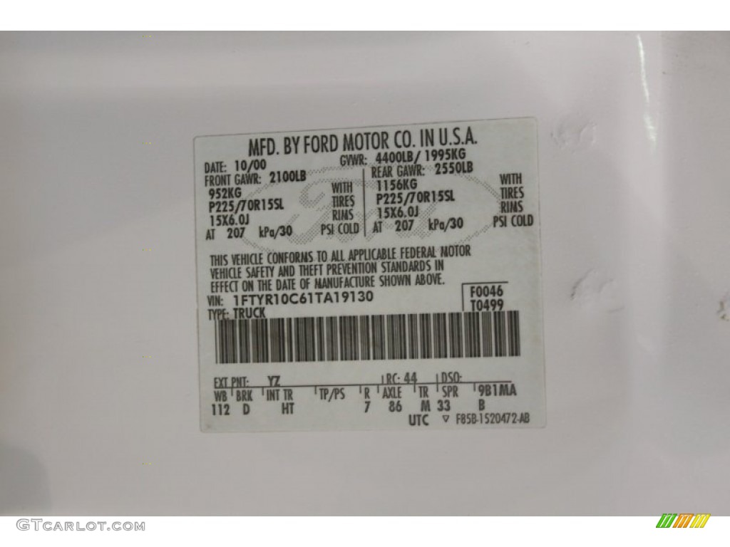 2001 Ranger Color Code YZ for Oxford White Photo #54093885