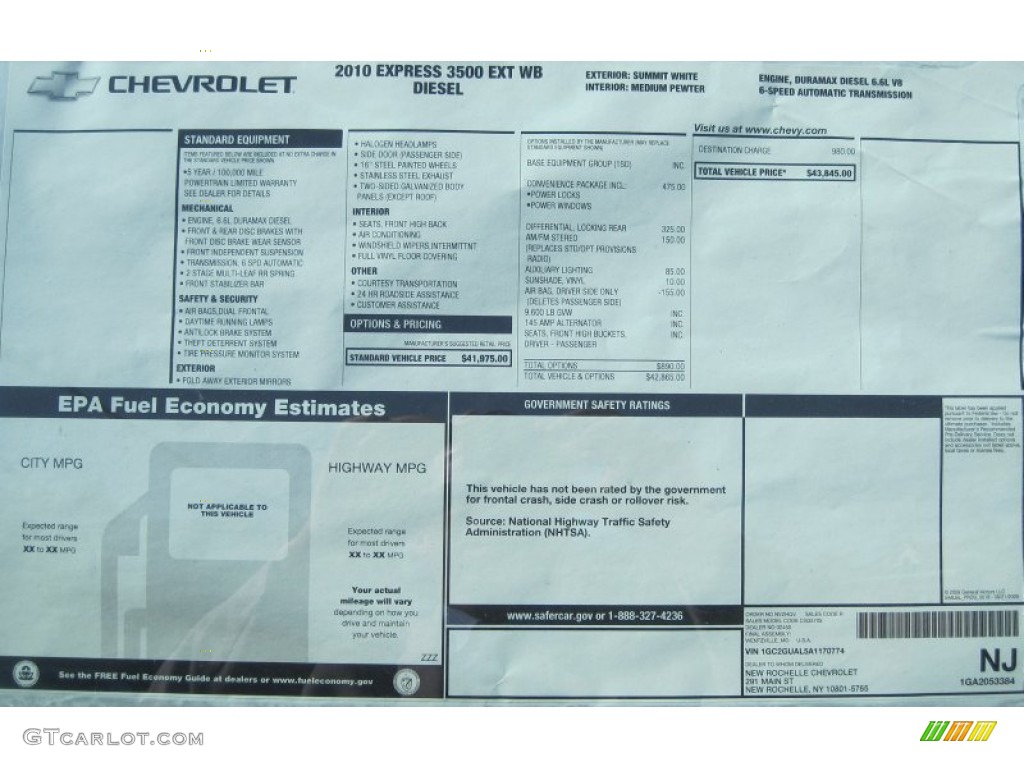 2010 Chevrolet Express 3500 Cargo Van Window Sticker Photos