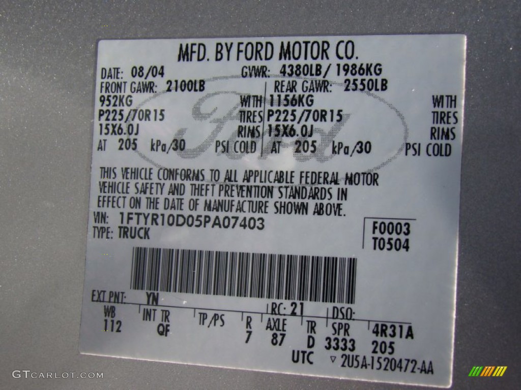 2005 Ford Ranger XL Regular Cab Color Code Photos