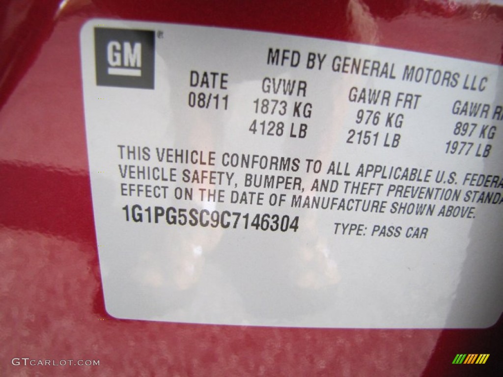 2012 Chevrolet Cruze LT/RS Info Tag Photo #54124485