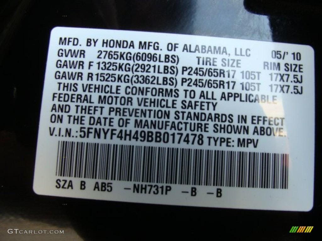 2011 Pilot Color Code NH731P for Crystal Black Pearl Photo #54134280