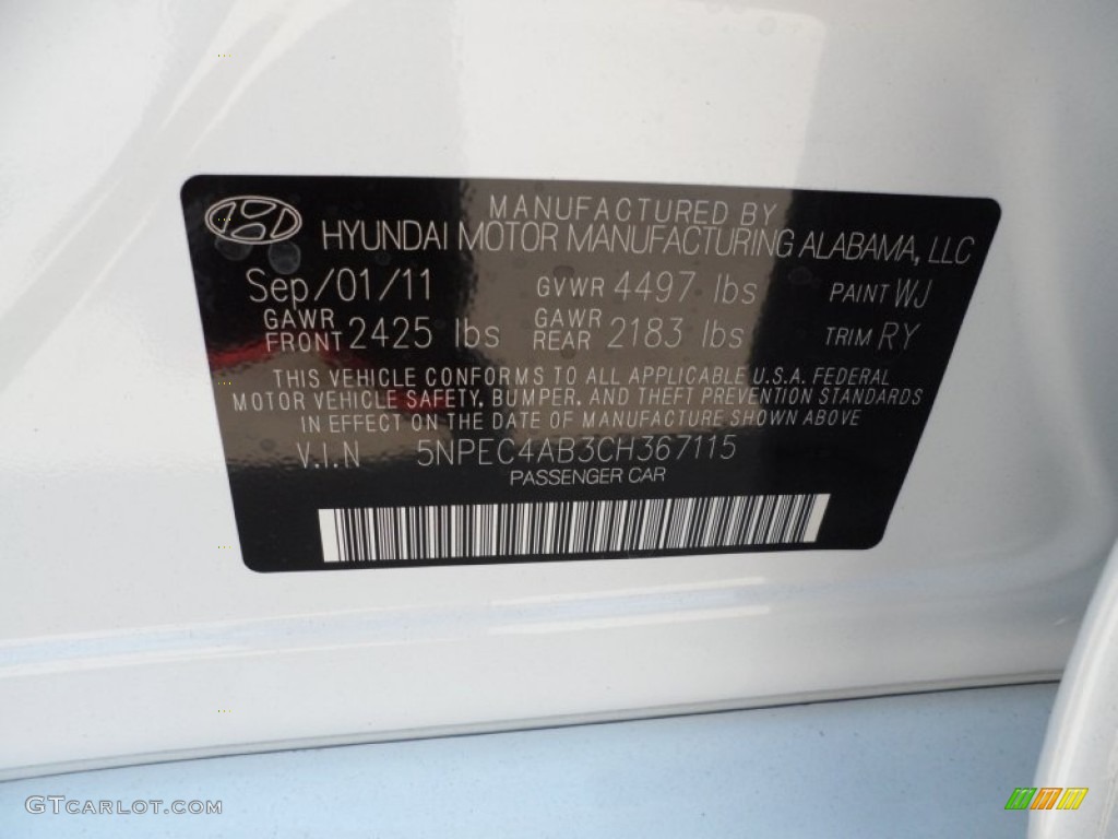 2012 Sonata Color Code WJ for Shimmering White Photo #54147273
