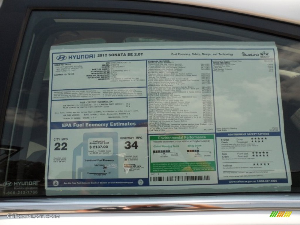 2012 Hyundai Sonata SE 2.0T Window Sticker Photo #54147285