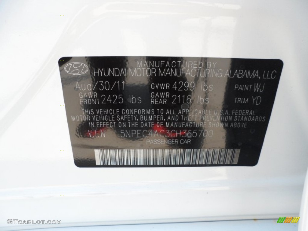 2012 Sonata Color Code WJ for Shimmering White Photo #54147909