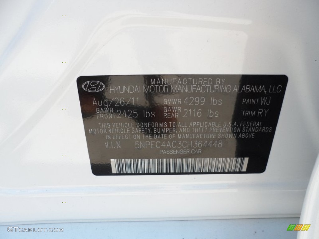 2012 Sonata Color Code WJ for Shimmering White Photo #54148578