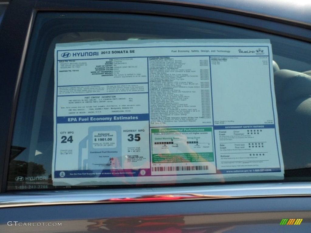 2012 Hyundai Sonata SE Window Sticker Photo #54149565