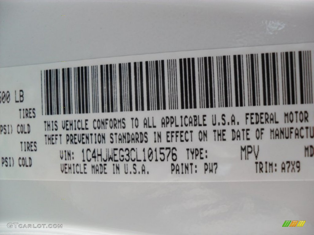 2012 Wrangler Unlimited Color Code PW7 for Bright White Photo #54164109
