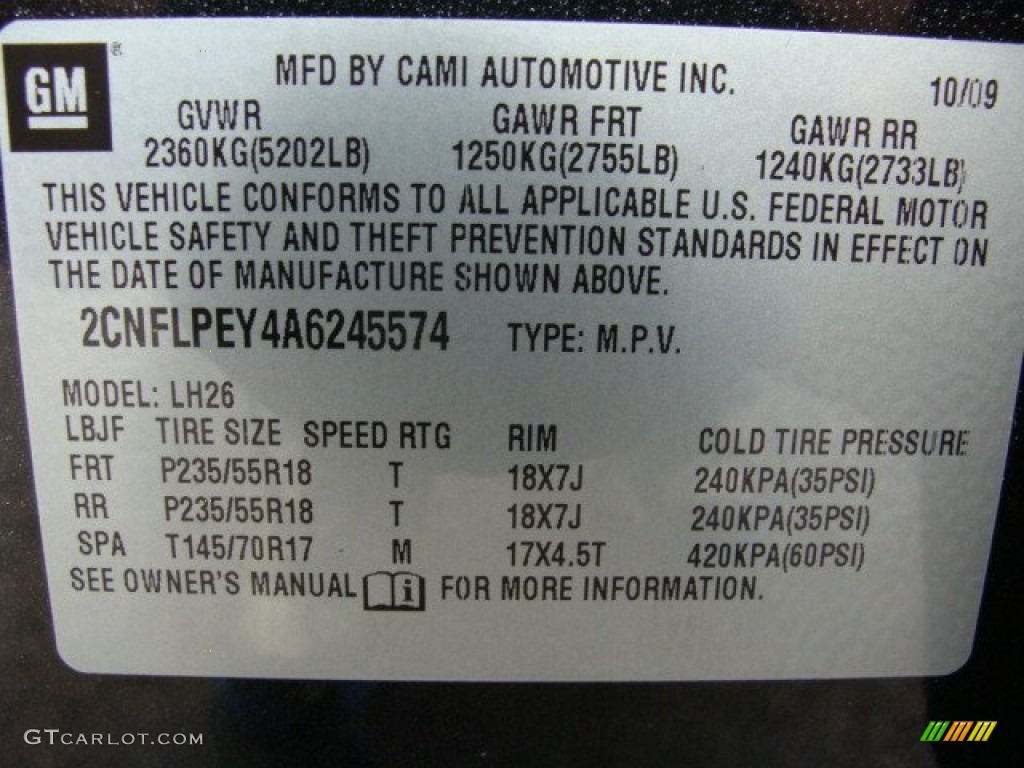 2010 Chevrolet Equinox LT Info Tag Photo #54169294