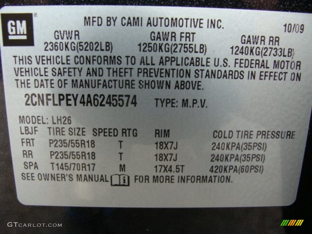 2010 Chevrolet Equinox LT Info Tag Photo #54169294