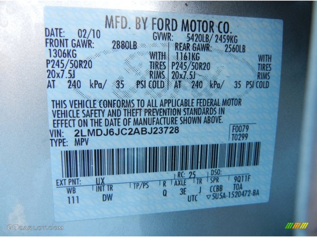 2010 MKX Color Code UX for Ingot Silver Metallic Photo #54169558