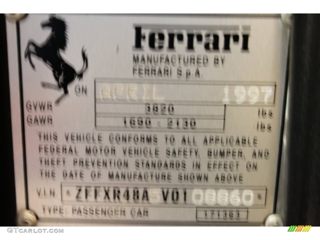 1997 Ferrari F355 Spider Info Tag Photo #54179293