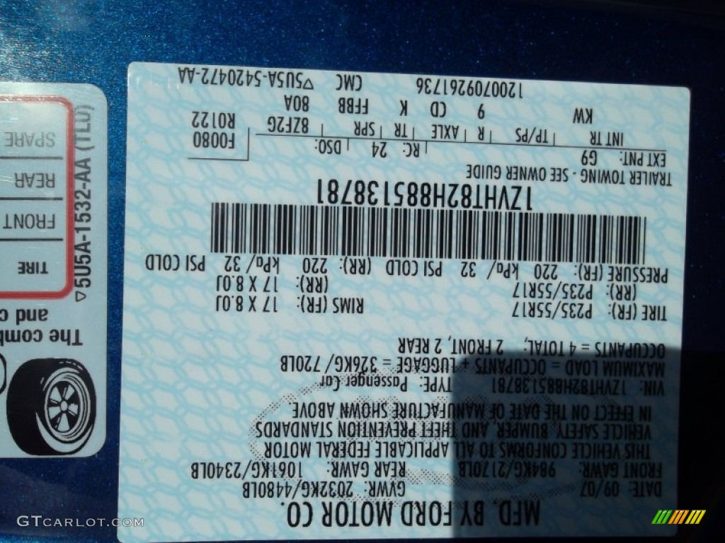 2008 Mustang Color Code G9 for Vista Blue Metallic Photo #54208230