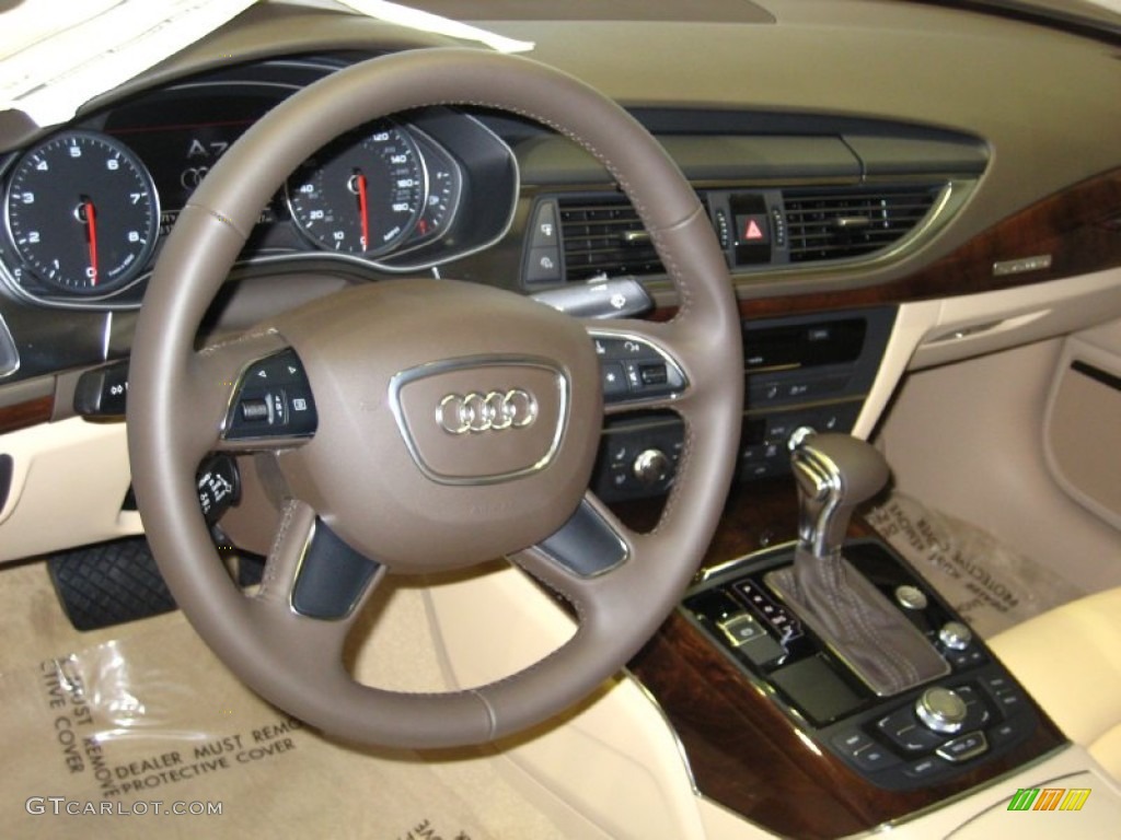 2012 Audi A7 3.0T quattro Premium Velvet Beige Steering Wheel Photo #54243635