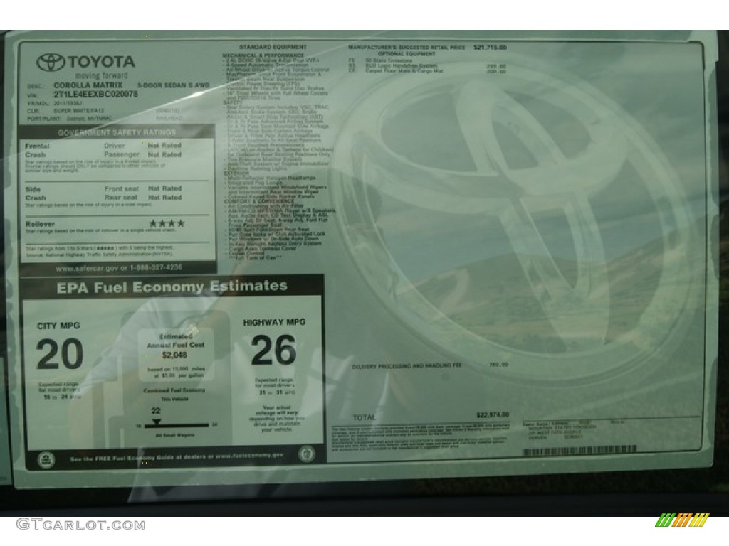 2011 Toyota Matrix S AWD Window Sticker Photo #54250029