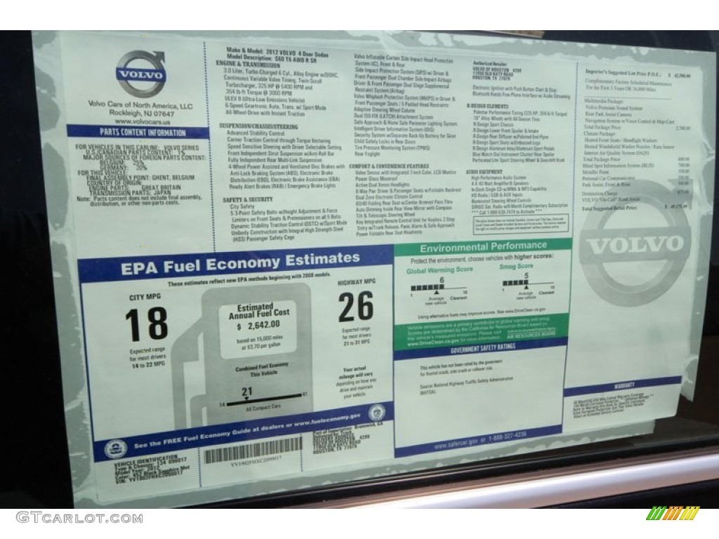 2012 Volvo S60 T6 AWD Window Sticker Photo #54268883