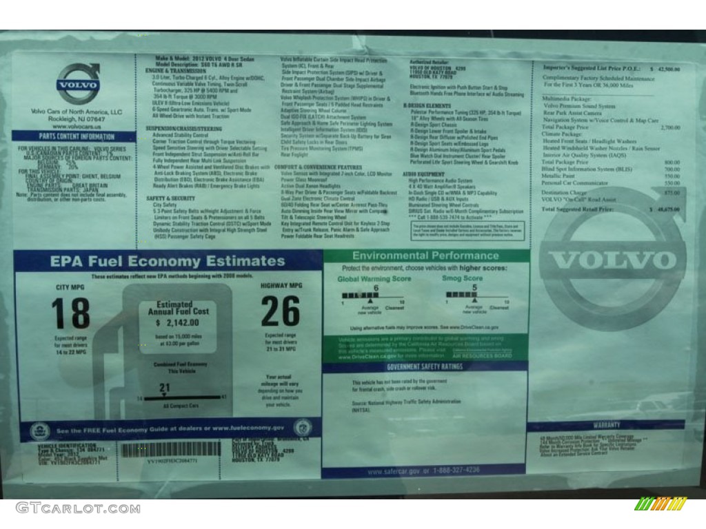 2012 Volvo S60 R-Design AWD Window Sticker Photo #54269318