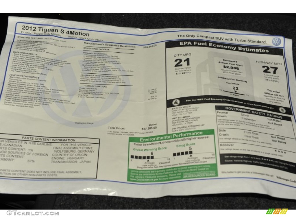2012 Volkswagen Tiguan SE 4Motion Window Sticker Photo #54282439
