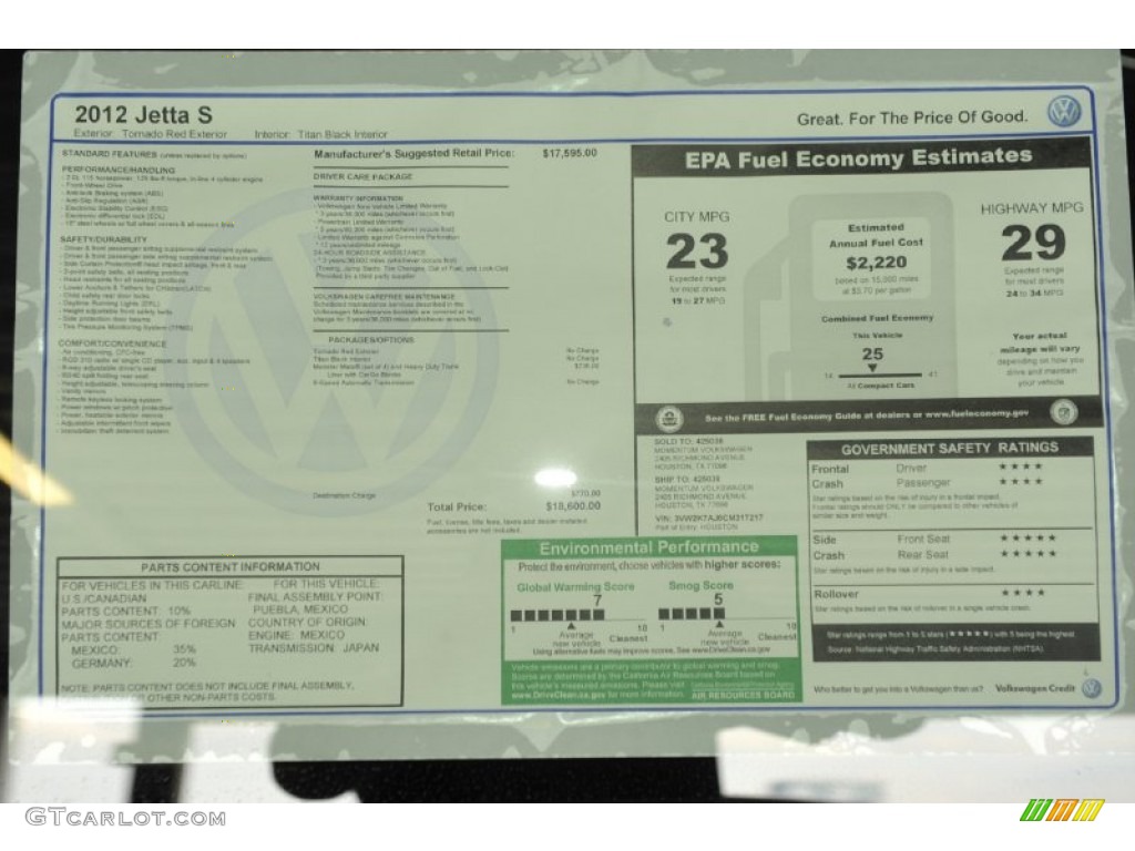 2012 Volkswagen Jetta S Sedan Window Sticker Photo #54284765