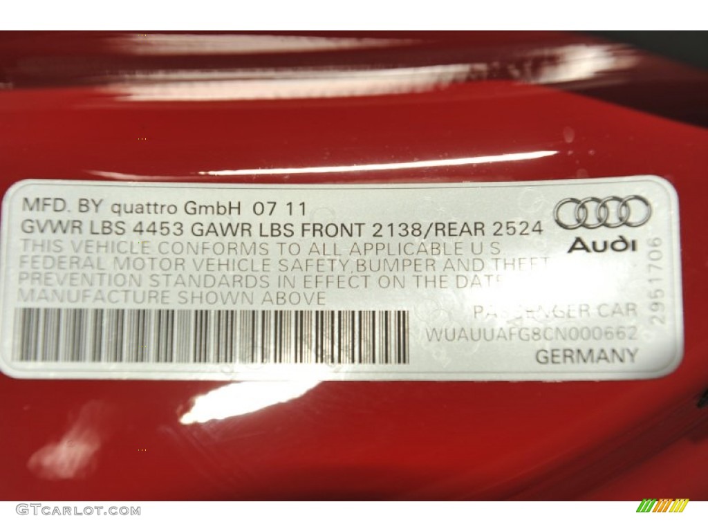 2012 Audi R8 Spyder 4.2 FSI quattro Info Tag Photo #54287603