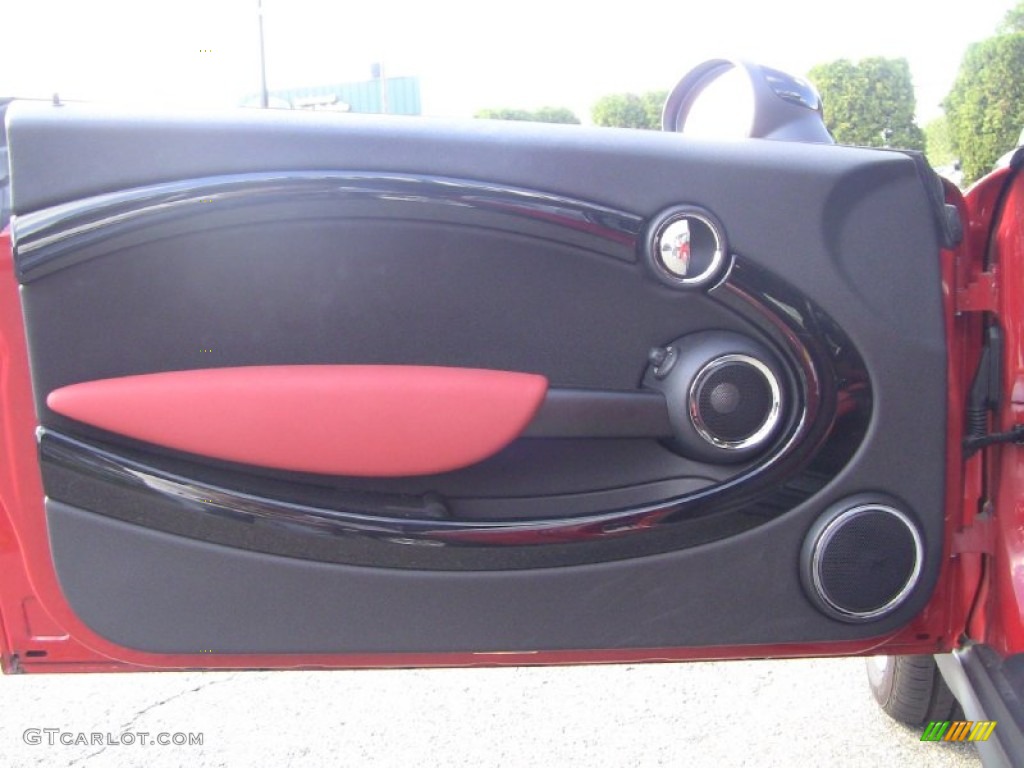 2010 Mini Cooper S Hardtop Rooster Red Leather/Carbon Black Door Panel Photo #54291404