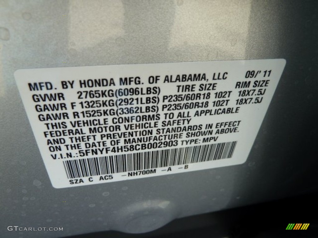 2012 Honda Pilot EX-L 4WD Info Tag Photo #54294026