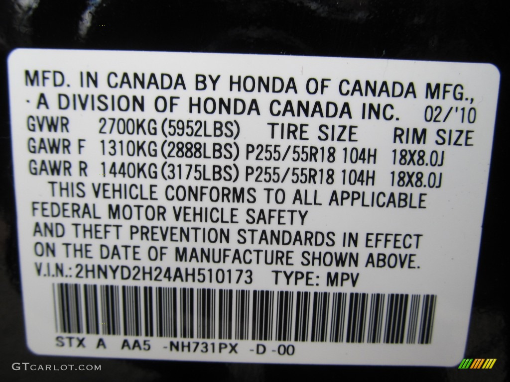 2010 MDX Color Code NH731PX for Crystal Black Pearl Photo #54304488