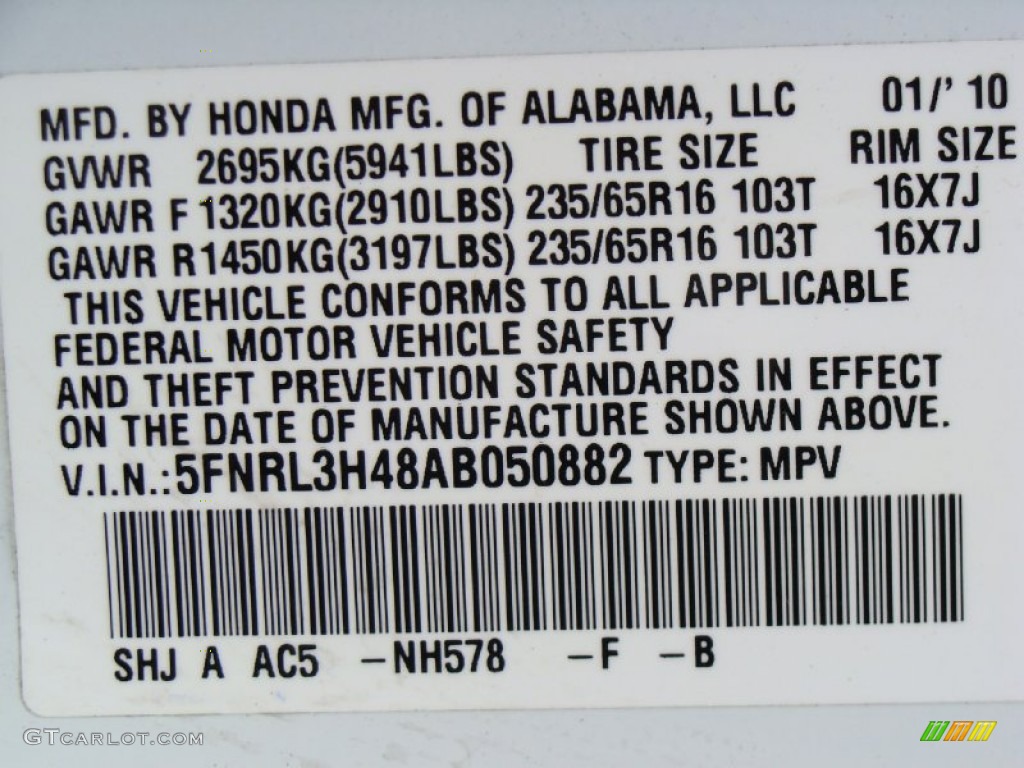2010 Odyssey Color Code NH578 for Taffeta White Photo #54312535
